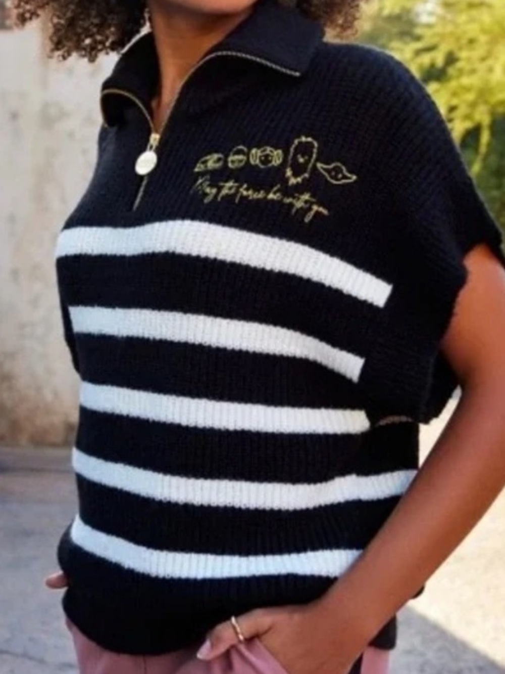 Star Wars Black & White Striped Zip-Neck Knit Sweater